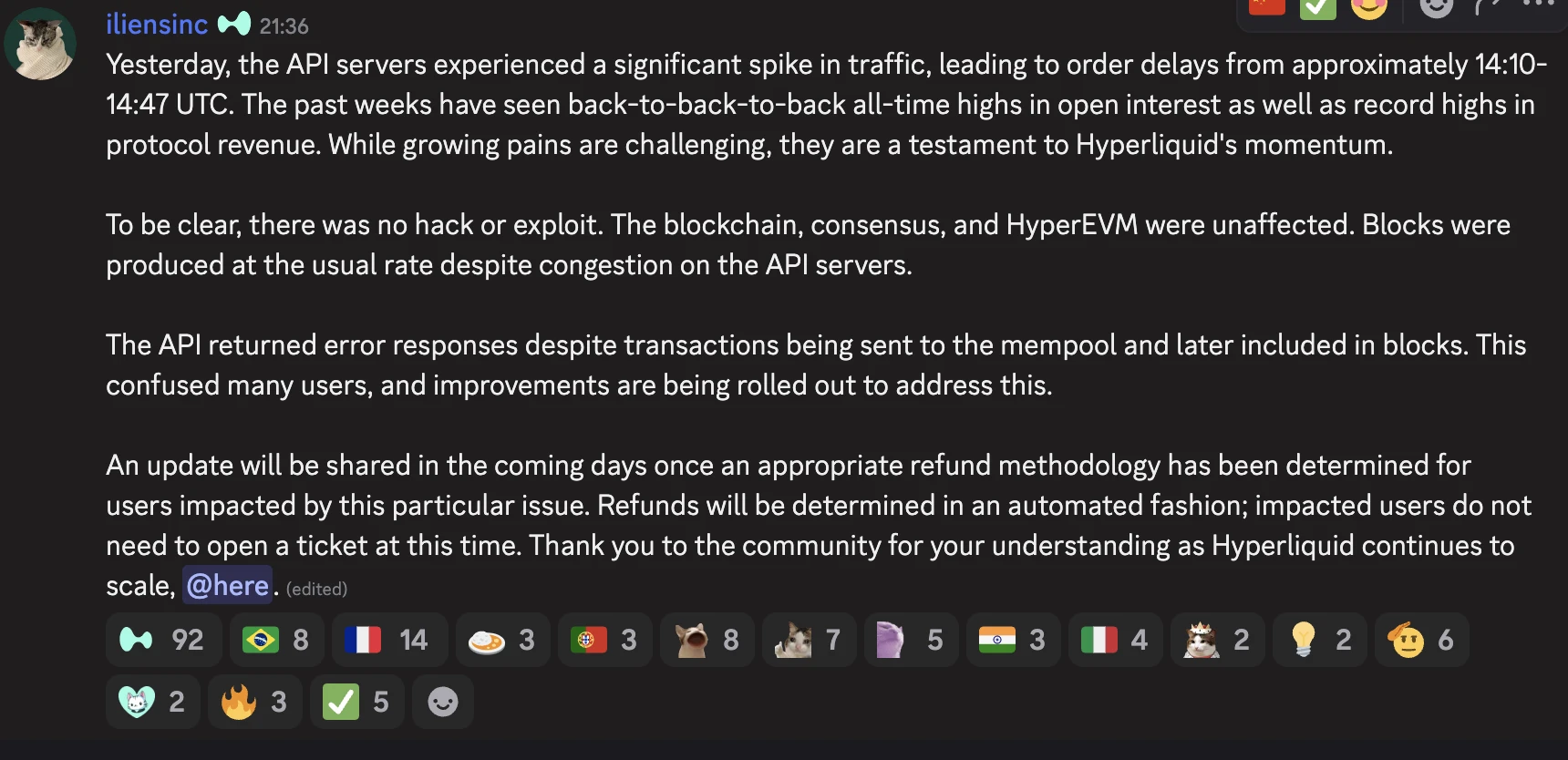 Hyperliquid API服务器遭遇流量高峰引发交易延迟 补偿方案即将公布