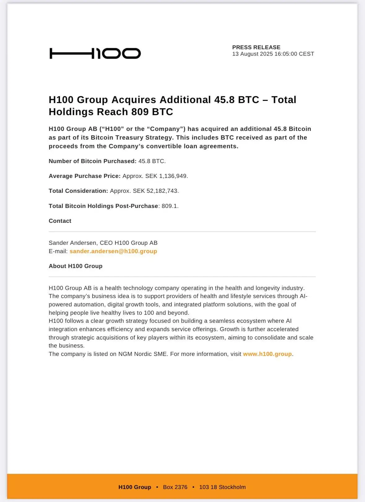 瑞典上市公司H100 Group 8月13日新增购入45.8枚比特币