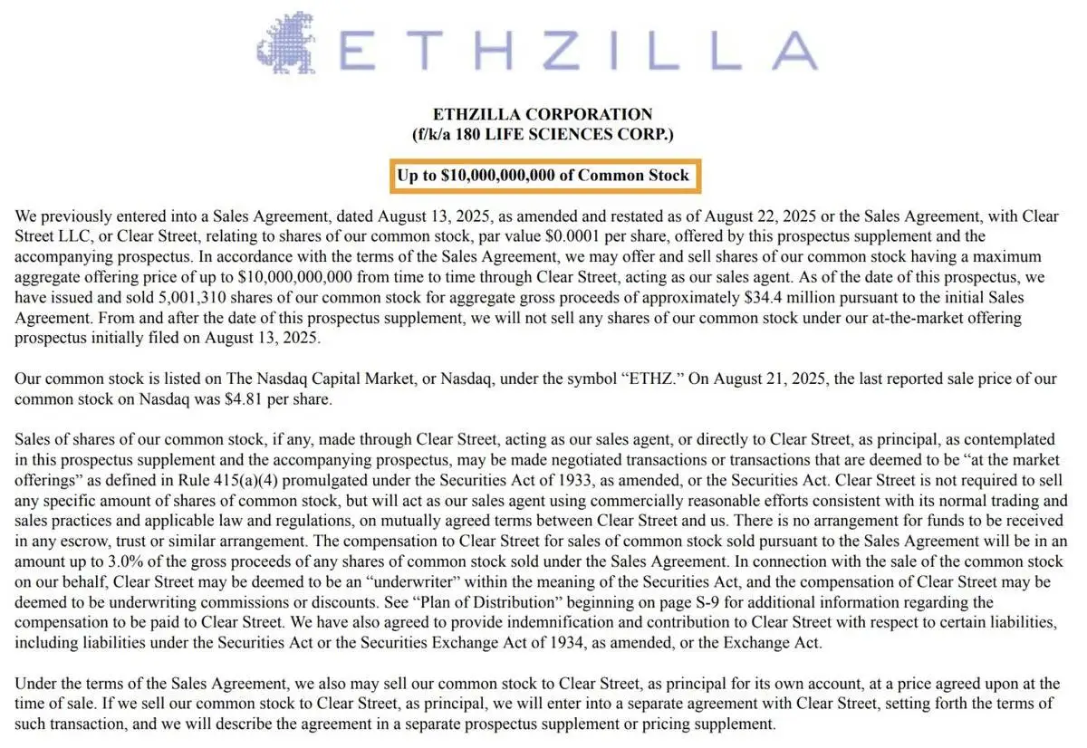 ETHZilla修订单销售协议拟募资100亿美元用于增持以太