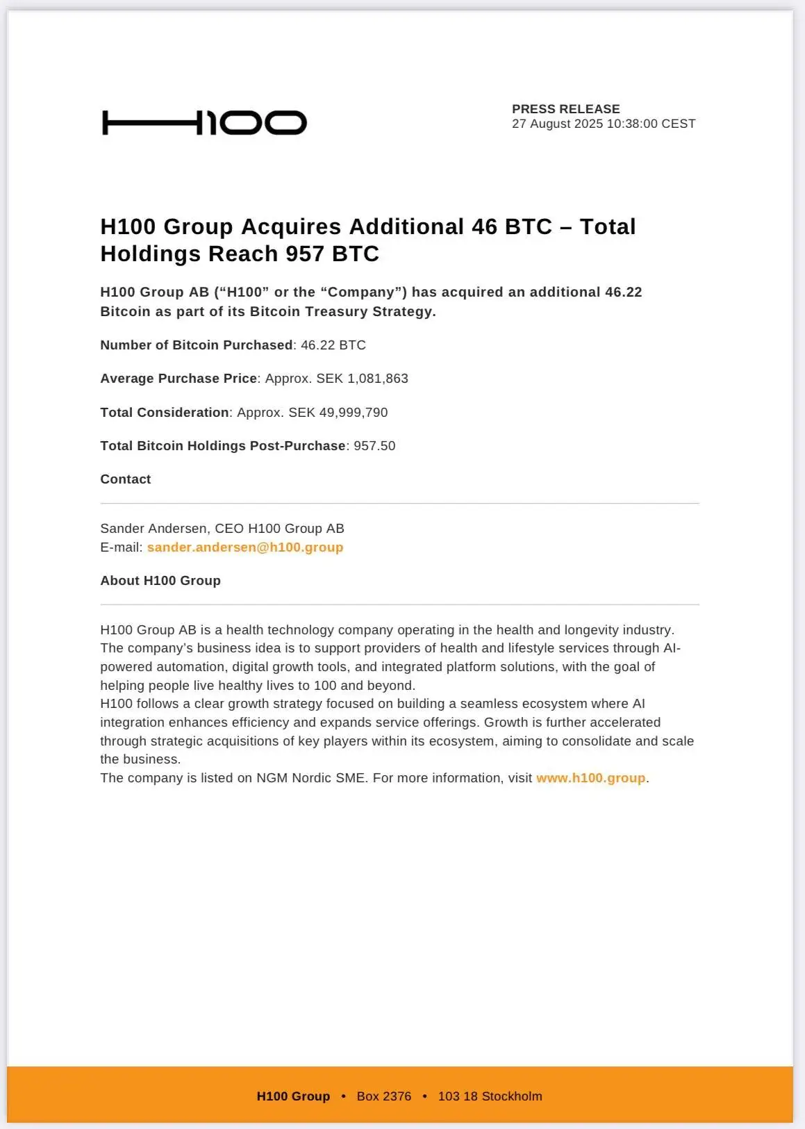 瑞典公司H100 Group新增购入46枚比特币 累计持有957枚