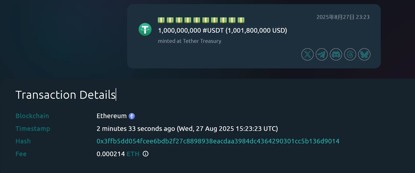 Tether Treasury在以太坊链上新增铸造10亿枚USDT