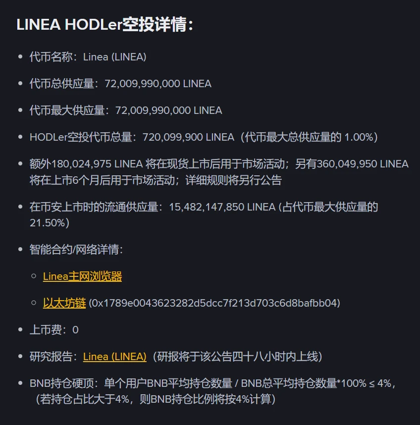 币安上线第37期HODLer空投项目LINEA，9月11日开启交易