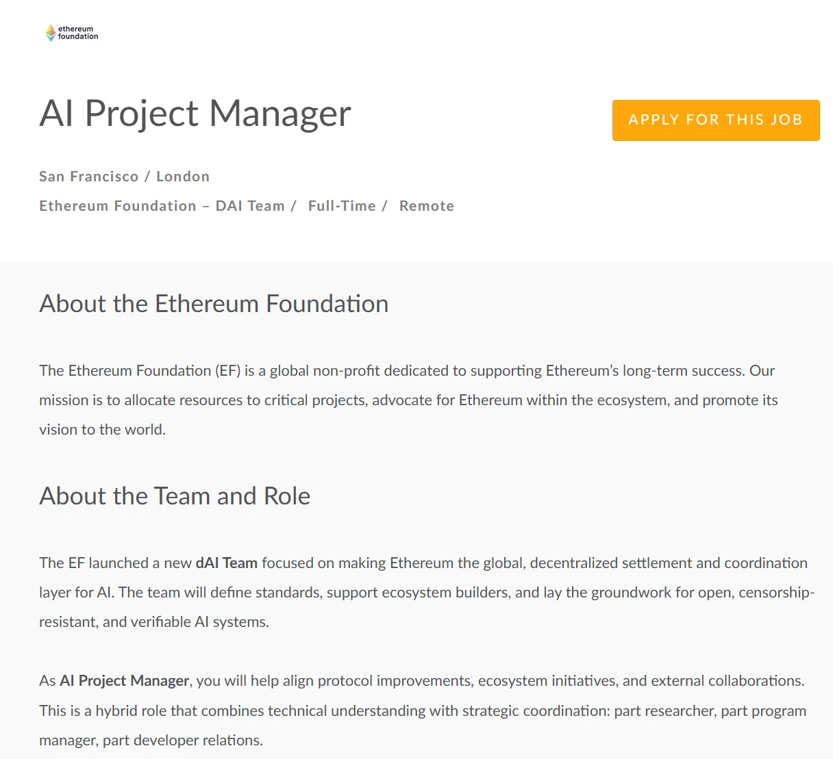 以太坊基金会启动DAI团队招聘，推动区块链与AI融合