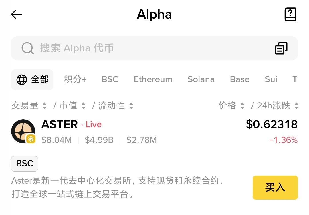 Binace Alpha正式上线ASTER代币